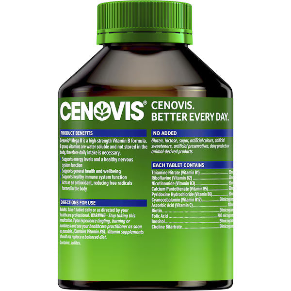Cenovis Mega Vitamin B Tablets 200 pack – energy support supplement with B3, B6, B12, and Biotin for daily vitality and metabolism boost