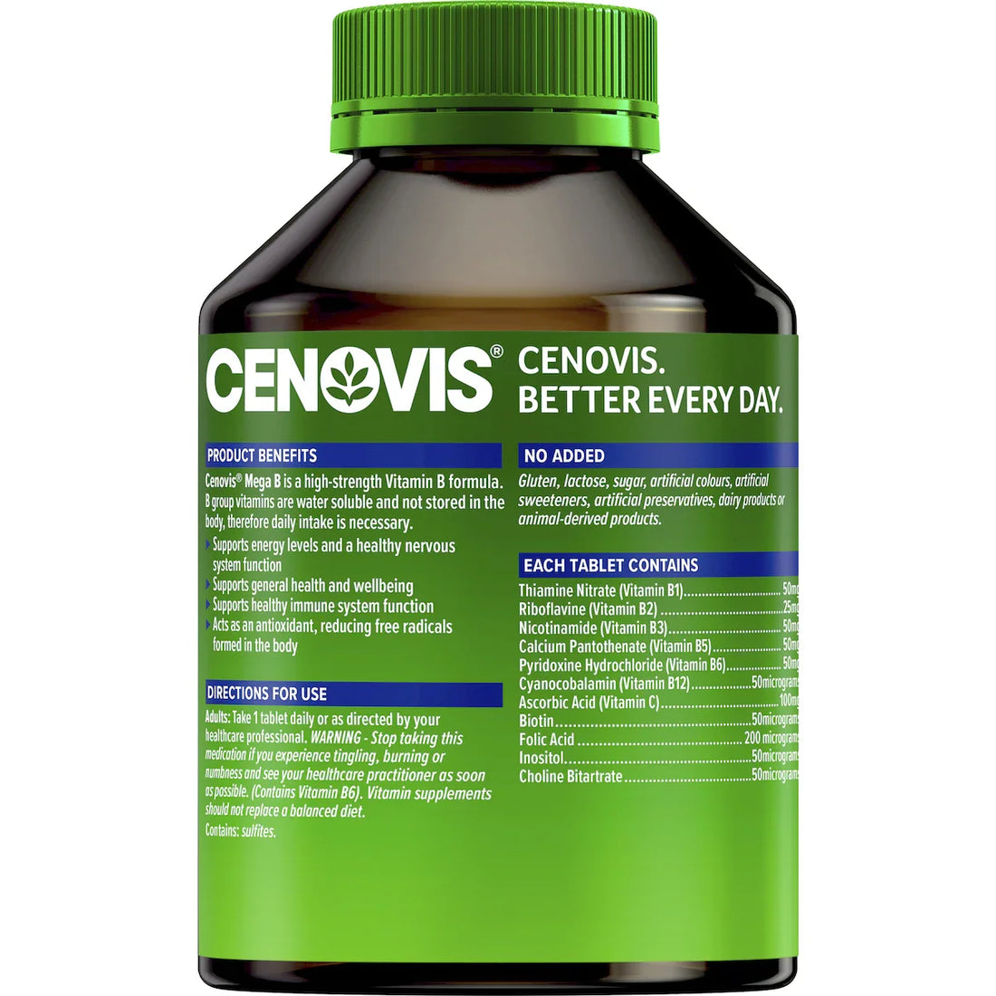 Cenovis Mega Vitamin B Tablets 200 pack – energy support supplement with B3, B6, B12, and Biotin for daily vitality and metabolism boost