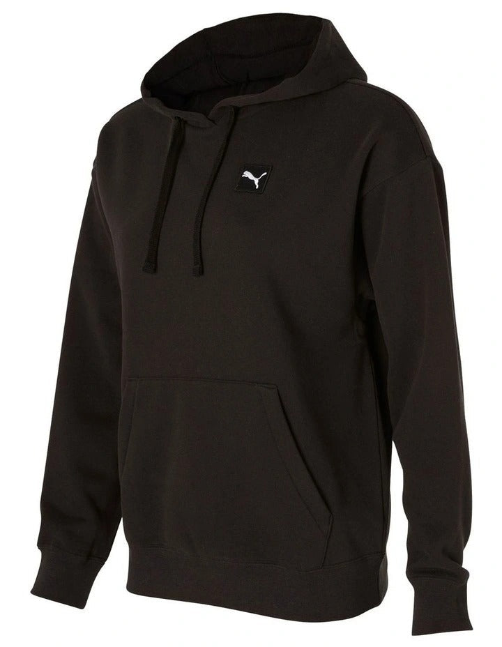 Puma Ess Elevated Badge Hoodie in cotton blend with embroidered Puma logo, adjustable hood, and ribbed cuffs