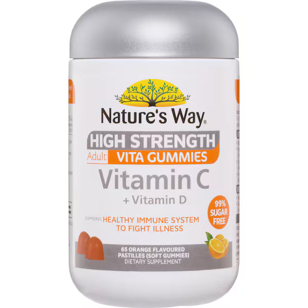 Nature's Way High Strength Vitamin C + Vitamin D Adult Vita Gummies 65 pack – A bottle containing 65 gummies, designed for immune support and overall wellness, with a blend of high-strength Vitamin C and Vitamin D.