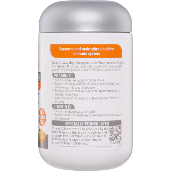 Nature's Way High Strength Vitamin C + Vitamin D Adult Vita Gummies 65 pack – A bottle containing 65 gummies, designed for immune support and overall wellness, with a blend of high-strength Vitamin C and Vitamin D.