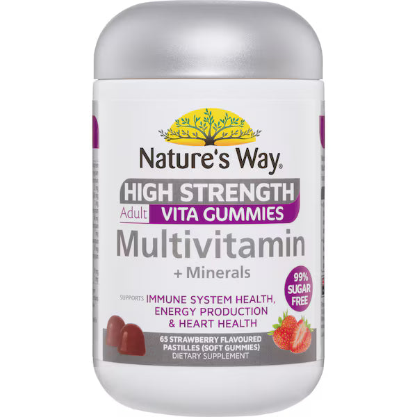 Nature's Way High Strength Multivitamins & Minerals Adult Gummies 65 pack, offering essential vitamins and minerals for daily health support, packed in a convenient, delicious gummy form.