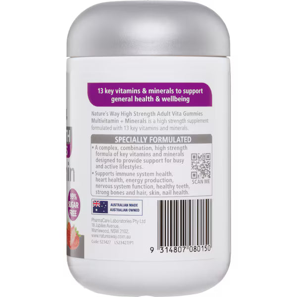Nature's Way High Strength Multivitamins & Minerals Adult Gummies 65 pack, offering essential vitamins and minerals for daily health support, packed in a convenient, delicious gummy form.