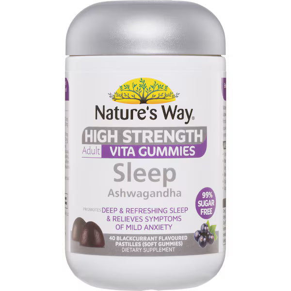 Nature's Way High Strength Sleep Ashwagandha Adult Vita Gummies 40 pack, a natural supplement for better sleep and stress relief, featuring a convenient gummy form, with 40 gummies per bottle.