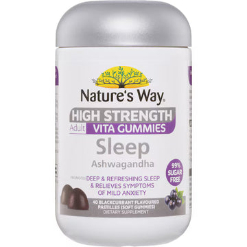 Nature's Way High Strength Sleep Ashwagandha Adult Vita Gummies 40 pack, a natural supplement for better sleep and stress relief, featuring a convenient gummy form, with 40 gummies per bottle.