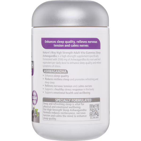 Nature's Way High Strength Sleep Ashwagandha Adult Vita Gummies 40 pack, a natural supplement for better sleep and stress relief, featuring a convenient gummy form, with 40 gummies per bottle.