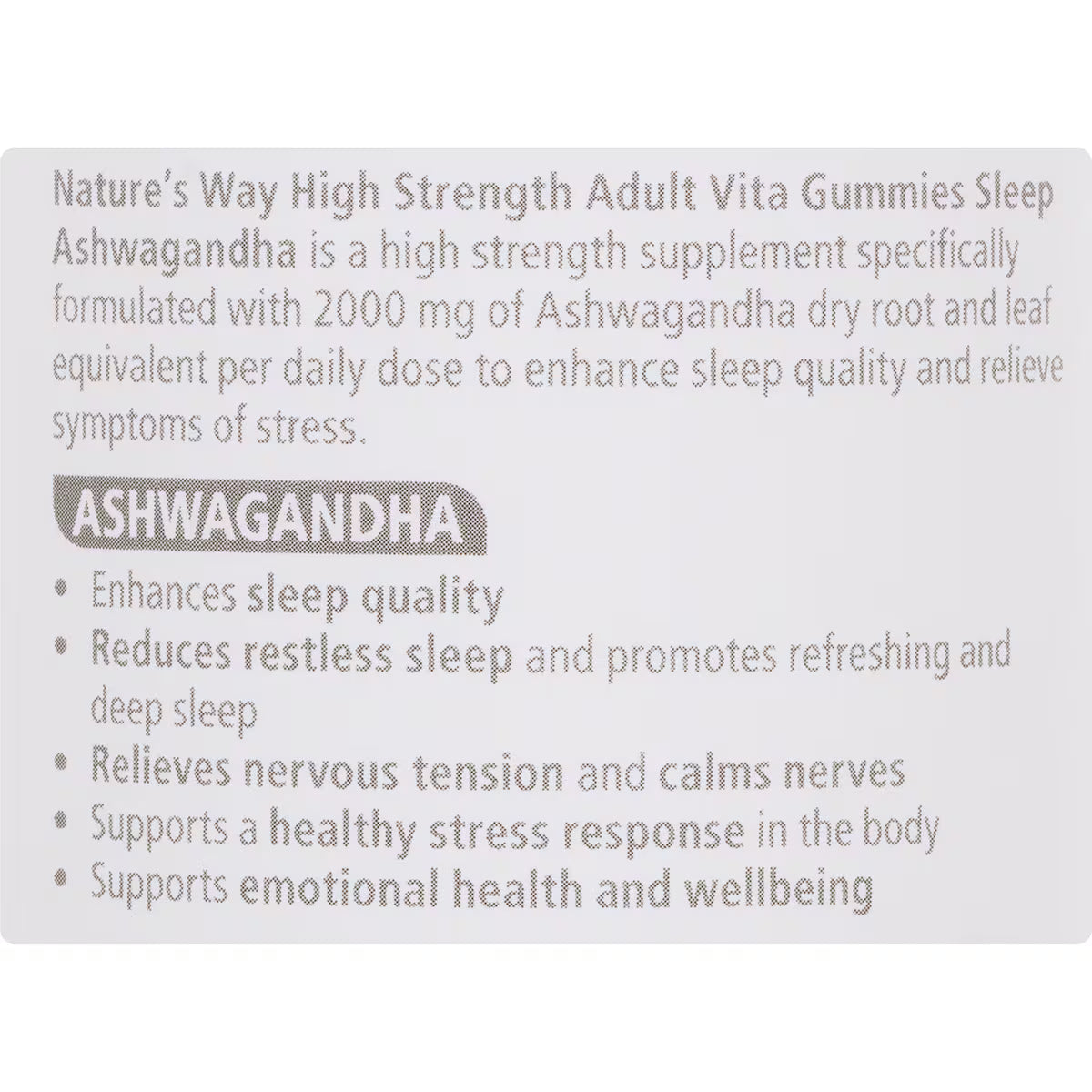 Nature's Way High Strength Sleep Ashwagandha Adult Vita Gummies 40 pack, a natural supplement for better sleep and stress relief, featuring a convenient gummy form, with 40 gummies per bottle.