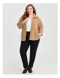 Taking Shape Teddy Zip Through Jacket in Camel – plus size women’s long sleeve teddy textured jacket with zip front and pockets