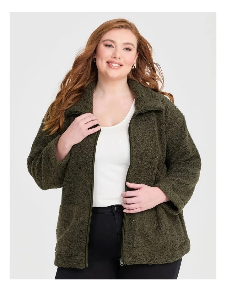 Taking Shape Teddy Zip Through Jacket Olive, view 3
