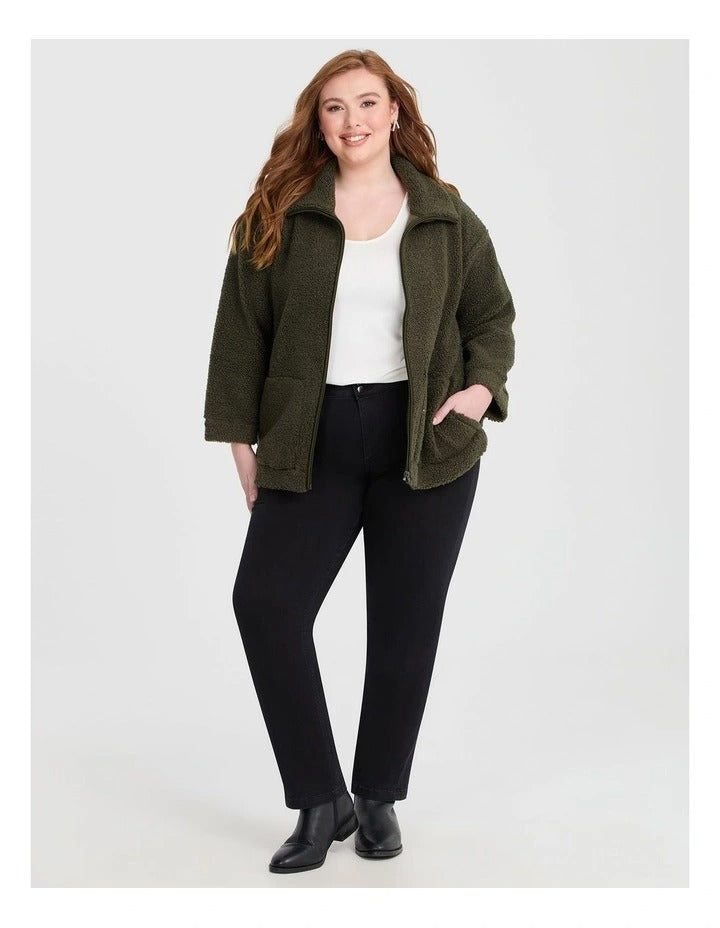 Taking Shape Teddy Zip Through Jacket Olive, view 4
