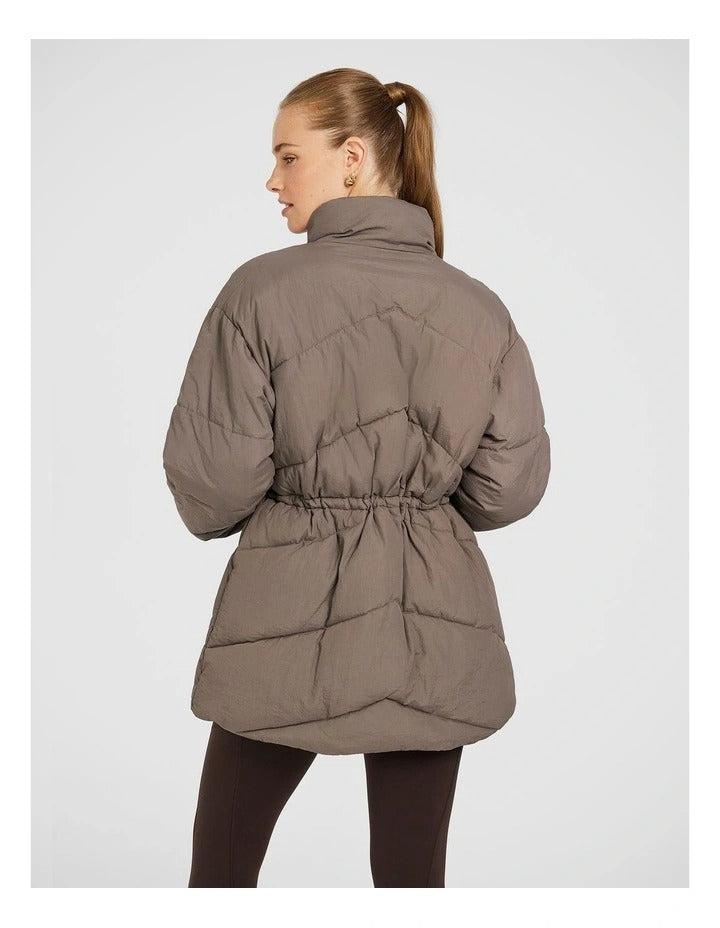 Longline Puffer Jacket Brown – Front View
