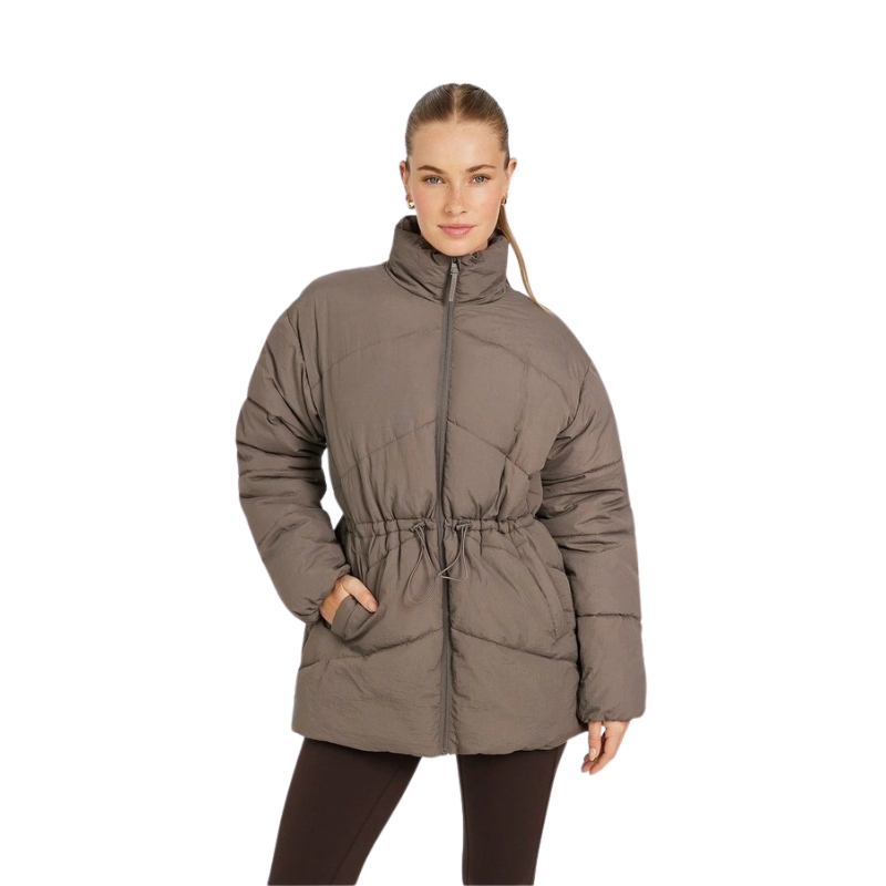 Longline Puffer Jacket Brown – Front View