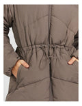 Rockwear Longline Puffer Jacket in Brown, women's full-length puffer jacket with side pockets, padded insulation, and elastic toggle waist for a flattering fit.