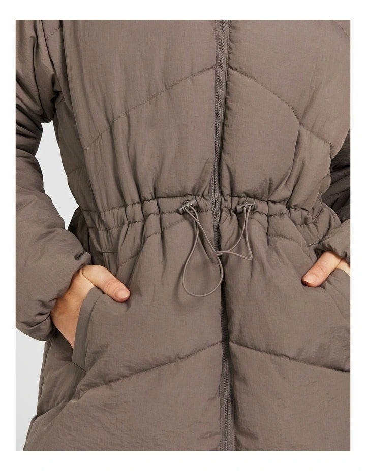 Rockwear Longline Puffer Jacket in Brown, view 6