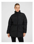 Rockwear Longline Puffer Jacket in Black, women's padded jacket with side phone pockets and a flattering cinched waist for warmth and style.