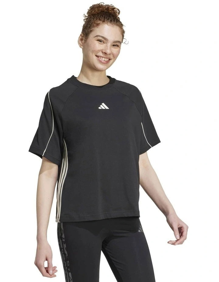 Adidas Stadium Stripes T-shirt in Black with 3-Stripes detail, loose fit, and soft cotton jersey fabric