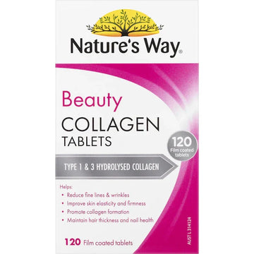 Nature's Way Beauty Collagen Tablets 120 pack, a dietary supplement designed to promote healthy skin, hair, and nails with collagen support in each tablet.