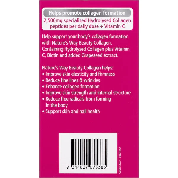 Nature's Way Beauty Collagen Tablets 120 pack, a dietary supplement designed to promote healthy skin, hair, and nails with collagen support in each tablet.