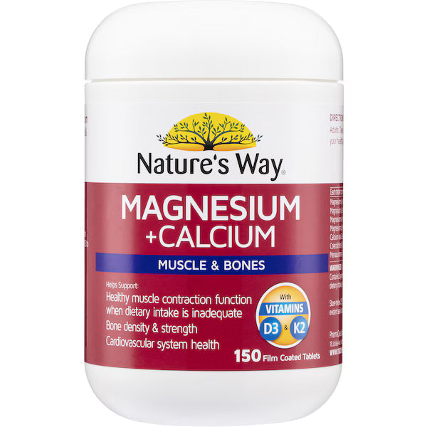 Nature's Way Magnesium + Calcium Muscle & Bones 150 pack, a dietary supplement bottle designed to support muscle function and bone health with magnesium and calcium.