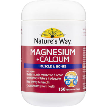 Nature's Way Magnesium + Calcium Muscle & Bones 150 pack, a dietary supplement bottle designed to support muscle function and bone health with magnesium and calcium.