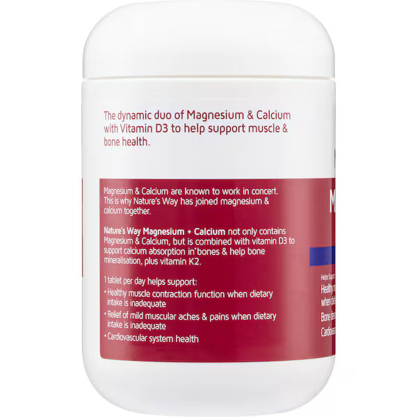 Nature’s Way Magnesium + Calcium Muscle & Bones 150 tablets bottle — dietary supplement supporting bone strength and muscle function.