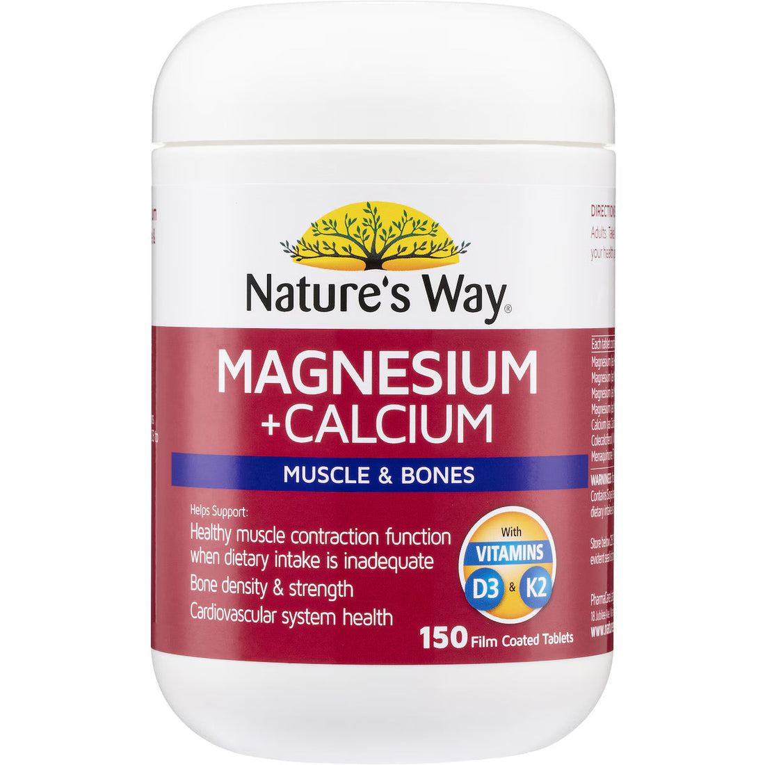 Nature’s Way Magnesium + Calcium Muscle & Bones 150 tablets bottle — dietary supplement supporting bone strength and muscle function.