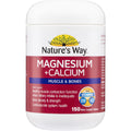 Nature’s Way Magnesium + Calcium Muscle & Bones 150 tablets bottle — dietary supplement supporting bone strength and muscle function.