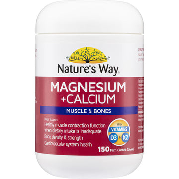 Nature’s Way Magnesium + Calcium Muscle & Bones 150 tablets bottle — dietary supplement supporting bone strength and muscle function.