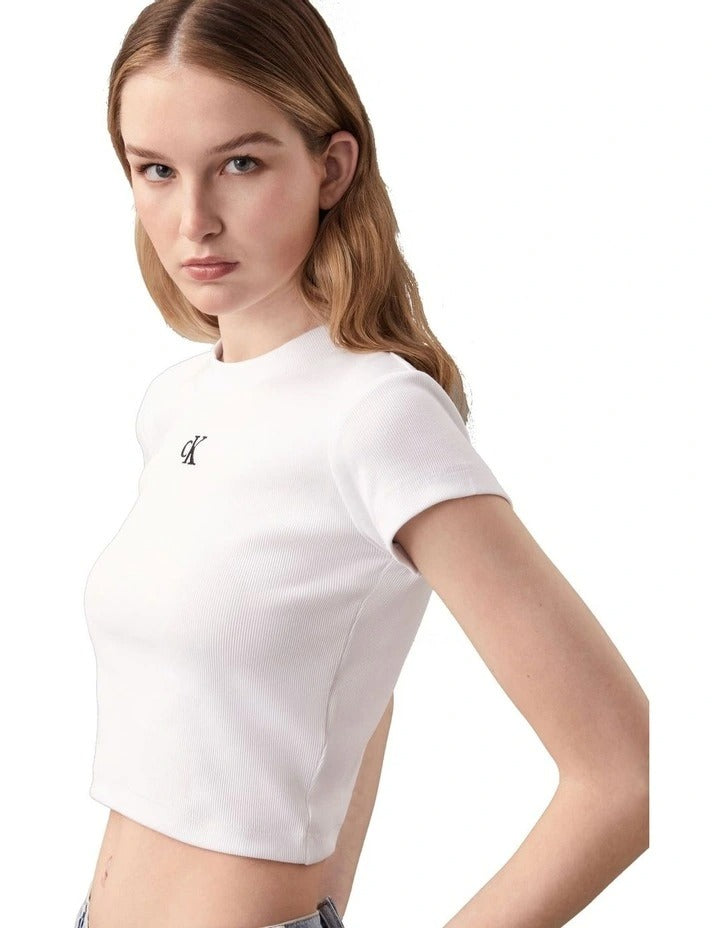 Calvin Klein Jeans Ribbed Baby Tee in White, view 3