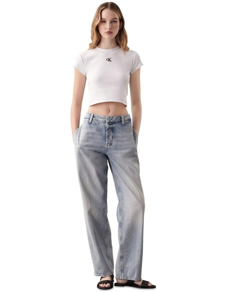 Calvin Klein Jeans Ribbed Baby Tee in White, view 4