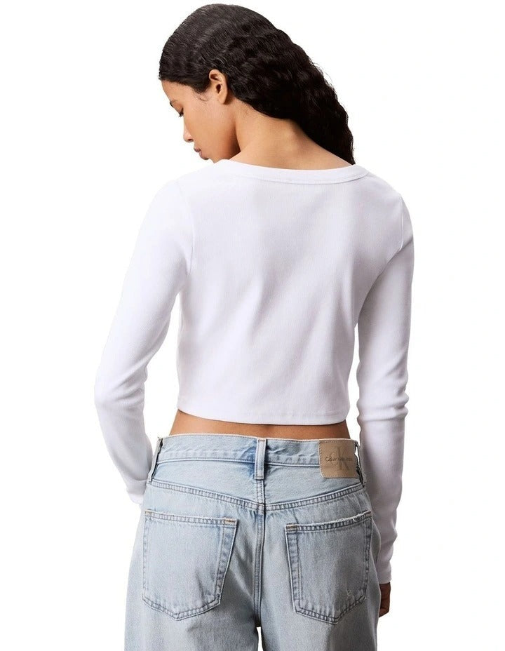 Calvin Klein Jeans white ribbed cotton stretch cardigan with slim fit, long sleeves, V-neckline, front button closure and woven monogram logo label