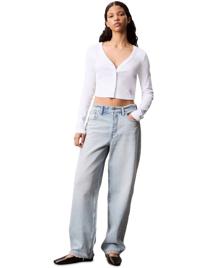 Calvin Klein Jeans A-Ls Woven Label 2X2 Cotton Rib Cardigan in White, view 4
