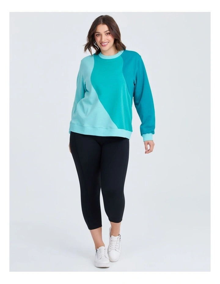 Taking Shape Active Cotton Spliced Sweatshirt in Deep Peacock Multi with wave design and ribbed cuffs