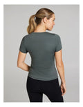 Rockwear Base Layer Travel Tee in Khaki, women’s fitted tee for casual chic comfort, perfect for travel, workouts, and everyday wear.