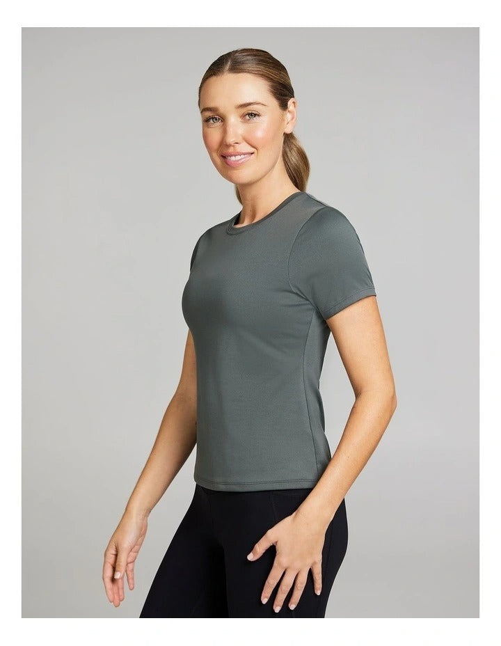 Rockwear Base Layer Travel Tee in Khaki, women’s fitted tee for casual chic comfort, perfect for travel, workouts, and everyday wear.