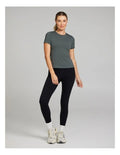Rockwear Base Layer Travel Tee in Khaki, women’s fitted tee for casual chic comfort, perfect for travel, workouts, and everyday wear.