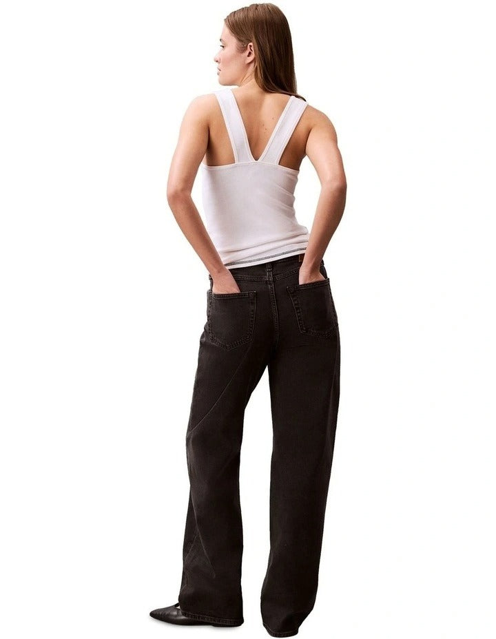 Calvin Klein Jeans Logo Graphic Ribbed Tank Top in White, view 2