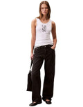 Calvin Klein Jeans white ribbed tank top with slim fit, scoop neck, sleeveless design and bold printed logo graphic at center