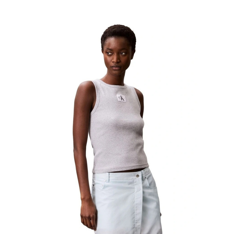 Calvin Klein Woven Label Cotton Rib Tank in Grey