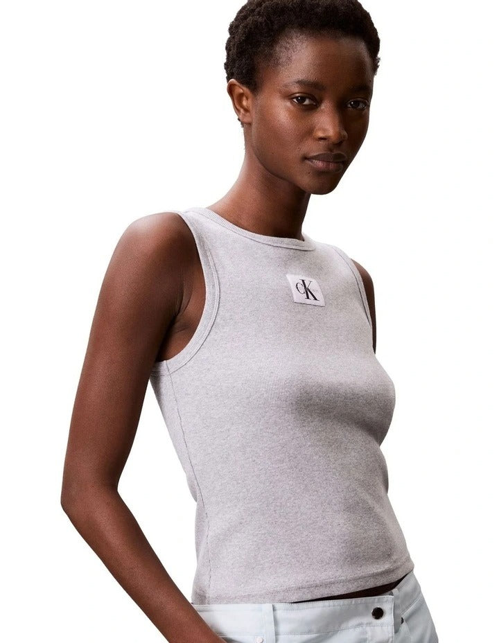 Calvin Klein Jeans Woven Label Cotton Rib Tank in Grey, view 3