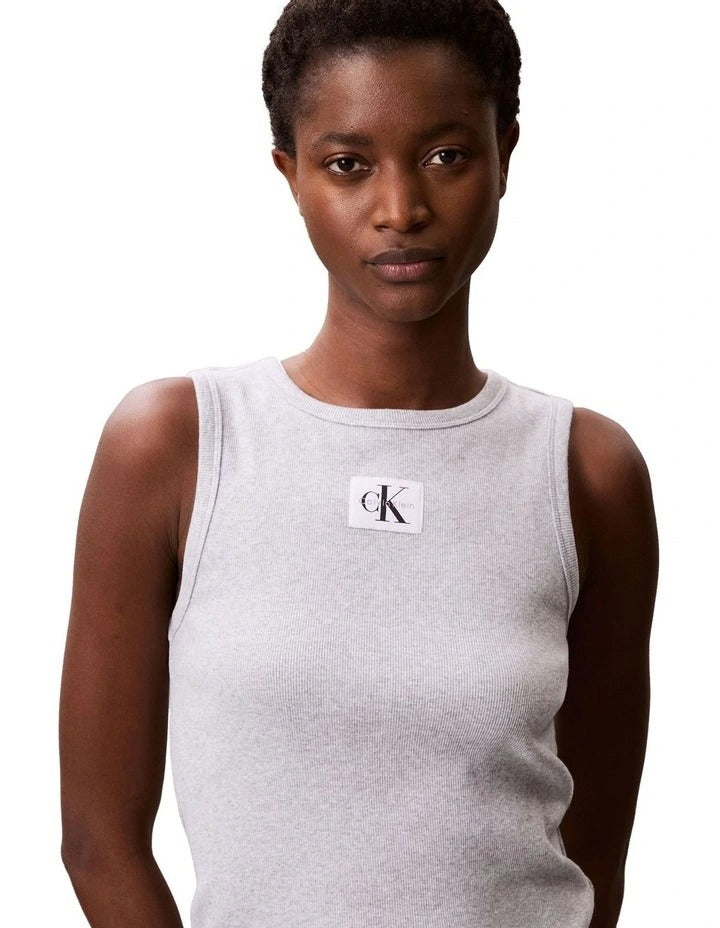 Calvin Klein Jeans Woven Label Cotton Rib Tank in Grey, view 4