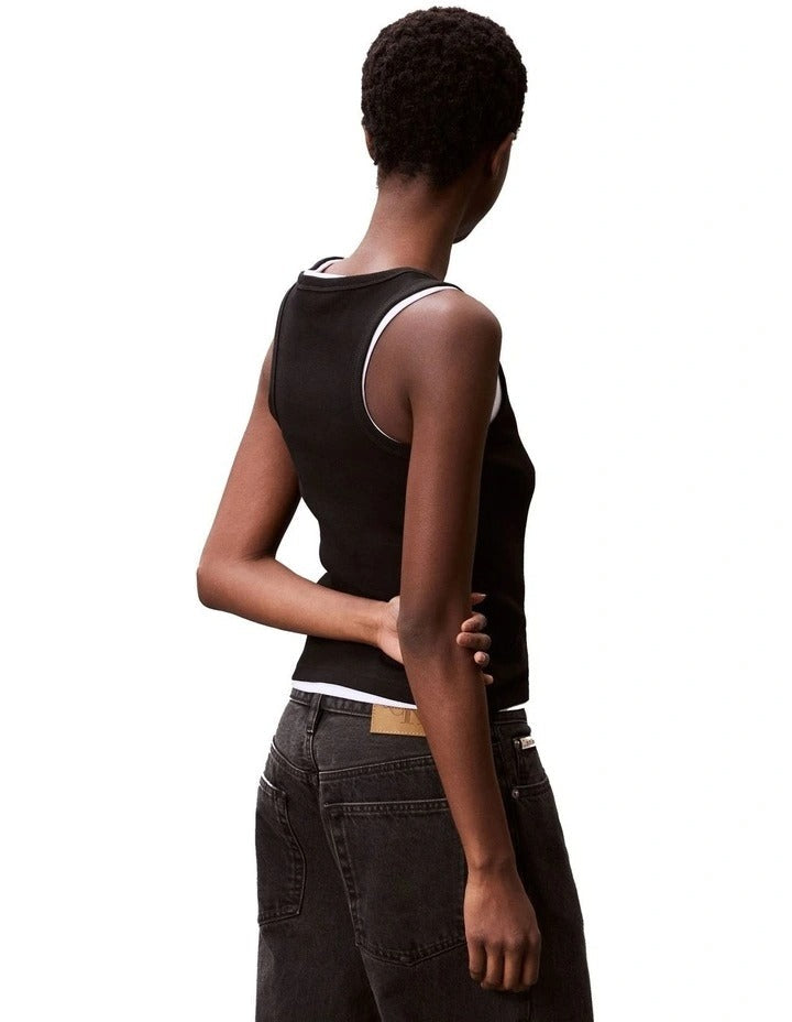 Calvin Klein Woven Label Cotton Rib Tank in Black