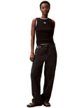 Calvin Klein Jeans black ribbed cotton tank top with slim fit, scoop neck, sleeveless design and woven monogram logo patch