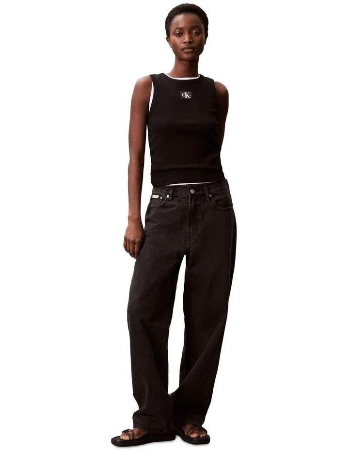 Calvin Klein Jeans Woven Label Cotton Rib Tank in Black, view 4