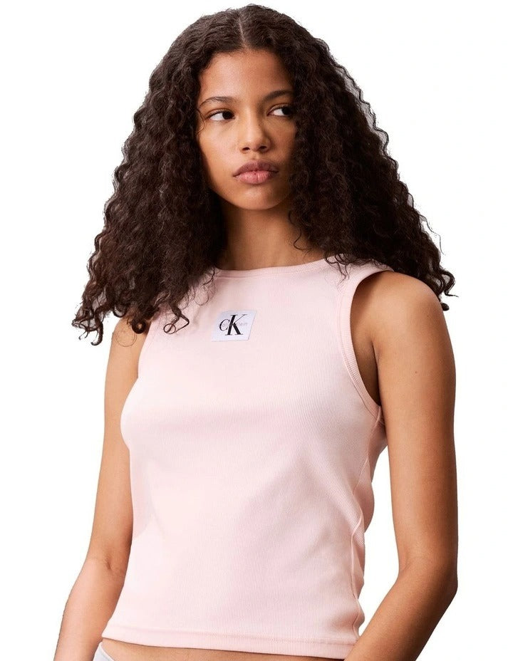 Calvin Klein Jeans Woven Label Cotton Rib Tank in Pink, view 3