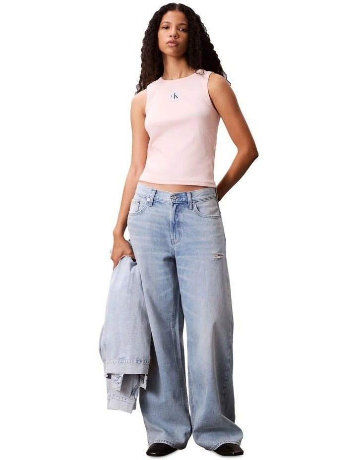 Calvin Klein Jeans Woven Label Cotton Rib Tank in Pink, view 5