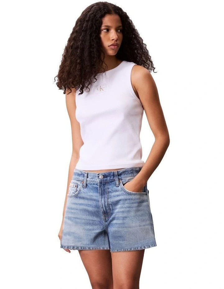 Calvin Klein Jeans Woven Label Cotton Rib Tank in White, view 3