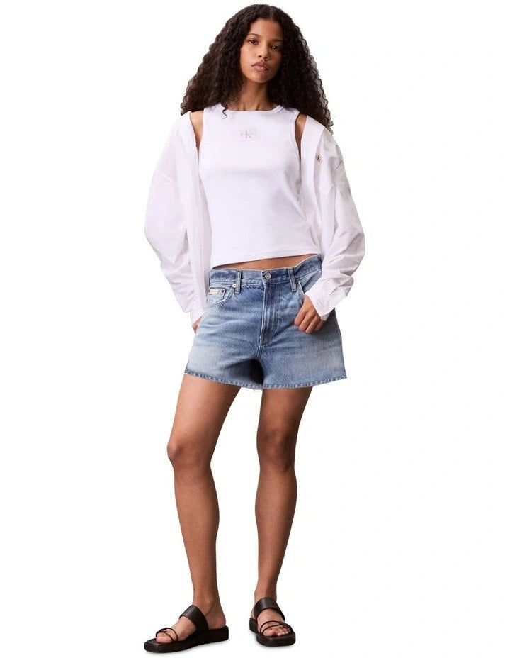 Calvin Klein Jeans Woven Label Cotton Rib Tank in White, view 4