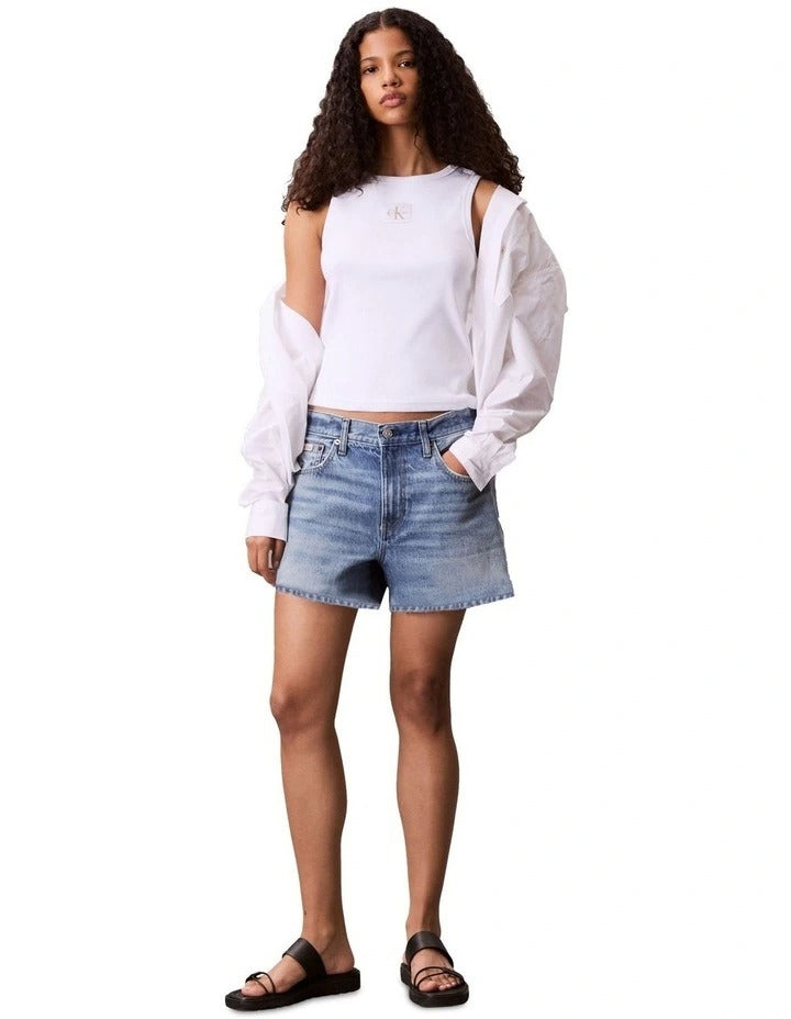 Calvin Klein Jeans Woven Label Cotton Rib Tank in White, view 5