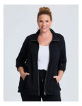 Taking Shape Active Sweat Jacket in Black – plus size women’s cotton blend jacket with adjustable hood, zip front, and kangaroo pocket